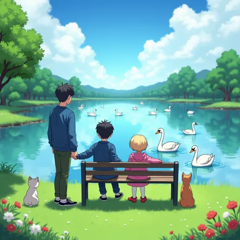 A beautiful field with a beautiful lake where swans are swimming and a bench in the center where two  boys are holding hands and sitting the taller boy on the left has fair skin black hair he is wearing a blue sweatshirt dark green pants and black shoes th...