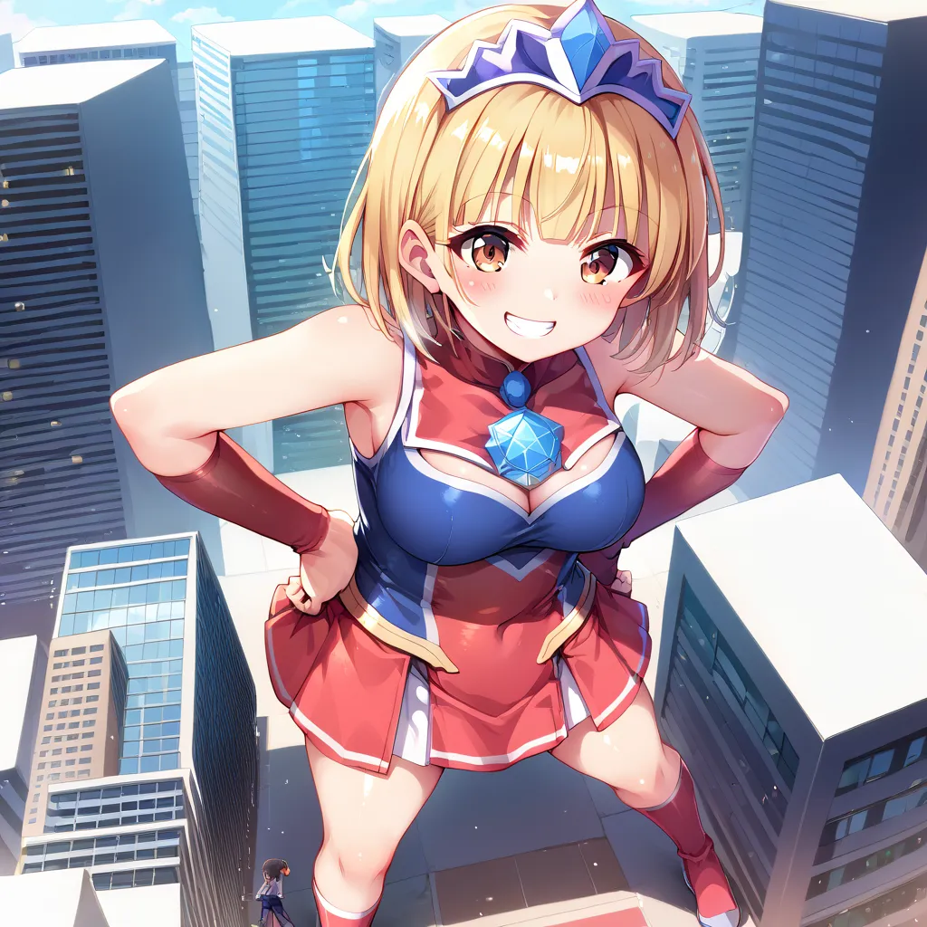 ((giantess girl, building size, ultragirl costume, Hands on hips pose, A full-body view from above of a single woman,)), 1Girl, yuki mio, Her name is Yuki mio,   idol wars z  ,Blonde, blunt bangs, medium bob Hair, side hair,straight hair, very kind, Polite , competent, hair covered ears, breast,Voluminous sideburns ,hide ear,brown eye,tareme eye, Droopy eyes,headdress, blush, grin,from above,City,building, skyscraper,