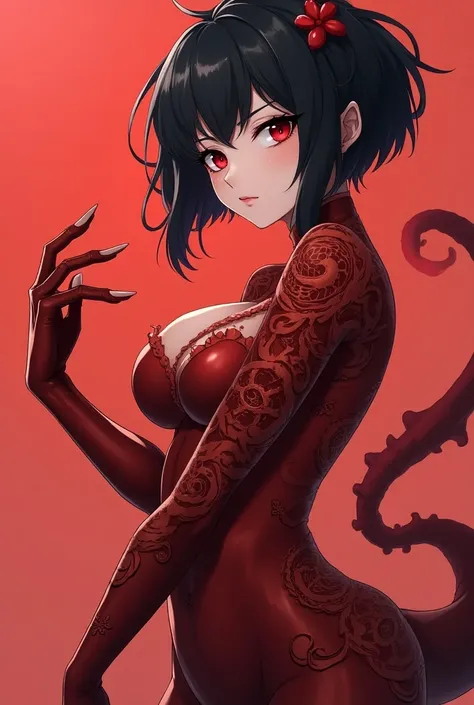 Bestial female character ,  woman with short black hair , ruby red eyes , Half quadruped red dragon body ,  with eye tattoos on his left arm covering it almost completely, battle pose,  High resolution,  full body,  anime style