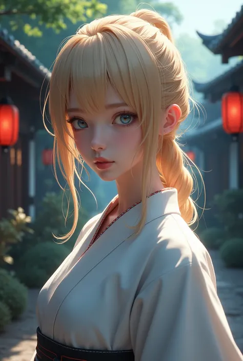 (extremely detailed CG unity 8k wallpaper), the most beautiful artwork in the world, Anime, dark, face picture, zoom in, Shinobi, white samurai wear, 24 years old, samurai, 2D, background is Japan village, female, blonde hair, beautiful girl