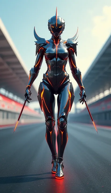 A formidable hybrid of a warrior goddess and a Formula 1 car stands at the center of the racetrack. Her body is a fusion of sleek, metallic armor and aerodynamic car panels, with glowing lines highlighting her form. Her arms are equipped with blade-like ex...