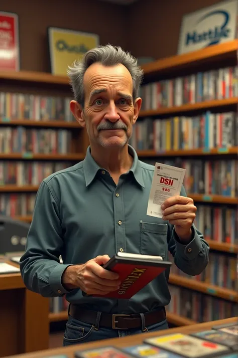 3D scene of Reed Hastings standing at a DVD rental counter, holding a movie with a $40 late fee bill in hand. The store around him could be filled with DVD racks, creating a nostalgic, pre-streaming era look