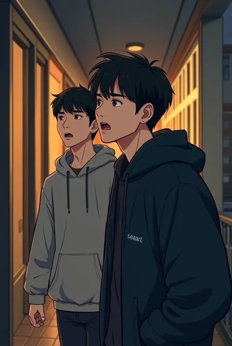 A manhwa-style scene of a korean idol man with brown eyes smiling widely as he walks wearing gray hoodie stepping out of his apartment building with his guy manager wearing black.  The korean idol man’s manager, walking beside him, has a worried scared ope...