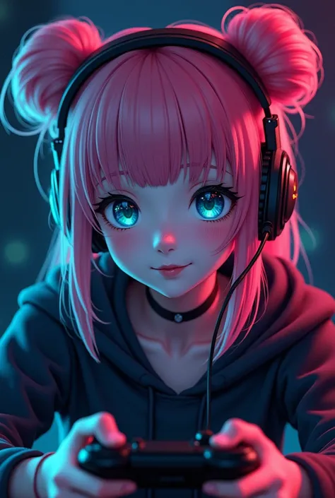 Hyperrealistic, high quality, dramatic lighting, adult woman, teal iris, pink hair, asian face, masterpiece, bright colors, dark contrast, anime realism, gamer, dark room, neon lights, headset, concentrating, bangs, big double buns, controller in hand, det...