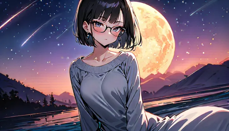 (masterpiece, best quality:1.2),1girl, (solo), Android 18 from Dragon Ball, ((gray sweater long dress)), medium breasts, blunt bangs, black short hair, black eyes, earrings on earlobes, slim, slender feminine figure, skinny body, blush, magnificent view, b...