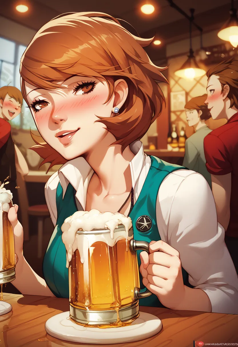 yukari takeba, person 3, beautiful,  short brown hair ,  drinking beer, drunk