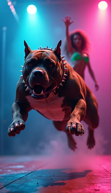 A muscular pit bull with a spiked collar, snarling as it leaps mid-air on a brightly lit stage. a woman wearing a neon green bikini gracefully dances, spotlight shining on her energetic movements.