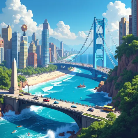 (work of art)), (detailded), 1 city with a very beautiful big and modern blue bridge , with many cars passing by it. On one of the edges of the tip there is a beautiful beach with strong waves where surfers surf. The other side of the bridge with colorful ...