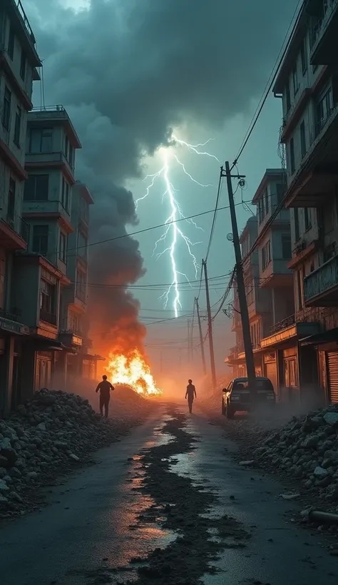 "An apocalyptic urban scene with cracked streets and split asphalt, cars ablaze with towering flames, and people hiding behind ruins in fear. A massive storm churns in the background, lightning striking across the dark sky, amplifying the chaotic and threa...