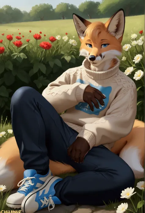 4k, high resolution, best quality, perfect colors, perfect shadows, perfect lighting, posted on e621, furry body, solo, An anthropomorphic furry fox the color of blueberries with light blue eyes, (((BLUE FOX))), wearing a loose-fitting black crew-neck swea...