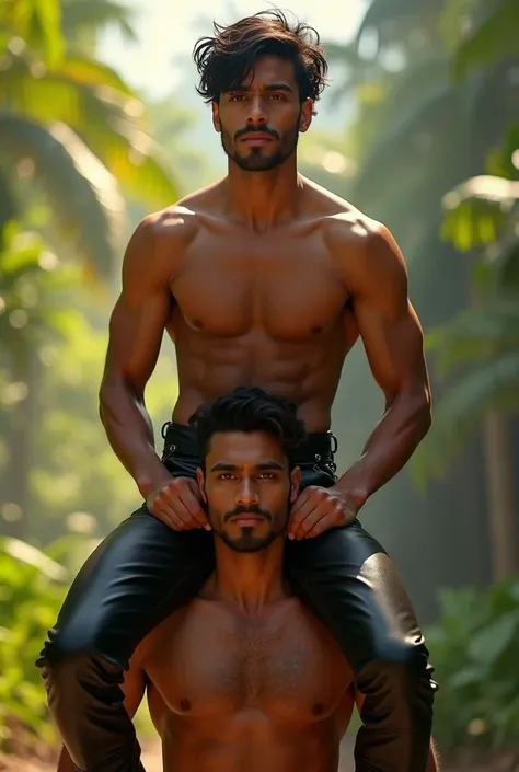 Sri lankan teen handsome shirtless prince wearing a fit leather pants and cowboy boots is shoulder riding on another guy at outdoor 