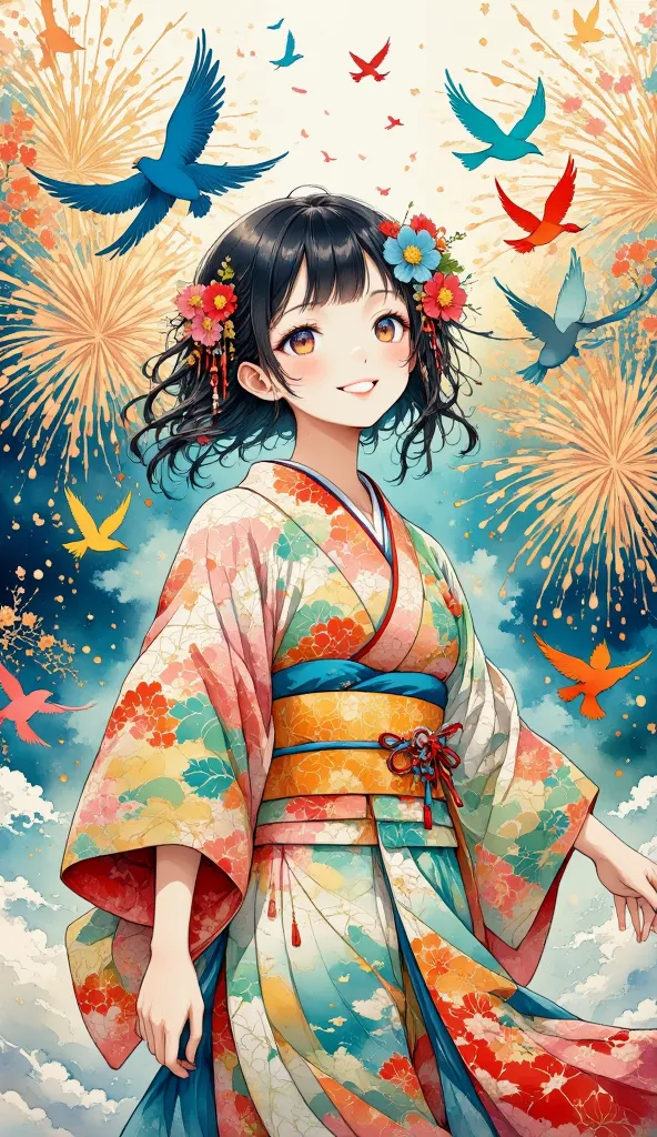 a serene scene featuring a girl in a traditional japanese kimono, standing gracefully as vibrant birds fly around her. the birds...