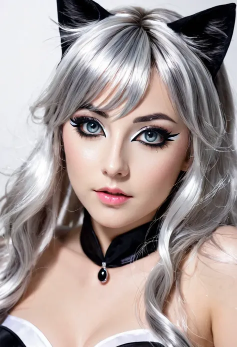 A cute woman is wearing cat makeup and cosplay, Striking eyes, Shiny, Silky Hair,  Adorable and lewd look  ,   behind , Cute,  Delicate and Dynamic Texture ,  light and dark contrast , 2.5D,  Artistic Photos , hyper realistic, Super detailed,  high definit...