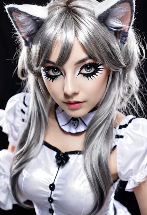 A cute woman is wearing cat makeup and cosplay, Striking eyes, Shiny, Silky Hair,  Adorable and lewd look  ,   behind , Cute,  Delicate and Dynamic Texture ,  light and dark contrast , 2.5D,  Artistic Photos , hyper realistic, Super detailed,  high definit...