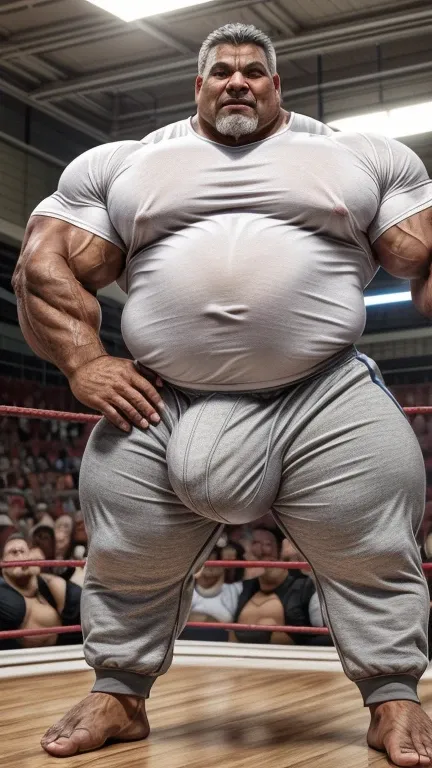 fat middle-aged male professional wrestler。 huge muscles。Huge belly。 dynamic fighting pose。 Pro Wrestling。(((white tight Ｔ shirt)))。 ((( grey tight sweatpants)))。(((A huge bulge)))。 ((( anatomically accurate bodies )))。 barefoot。((( Tanned Skin)))。 for glo...