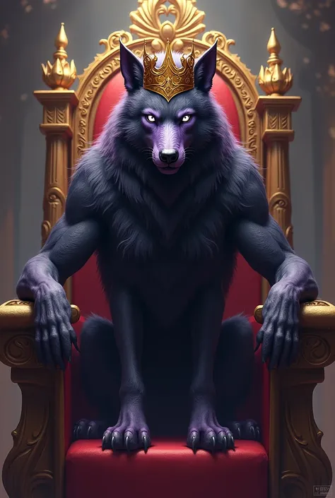 The wolf, wearing a golden crown, black, purple, standing, with white eyes, with muscles, sits on the throne