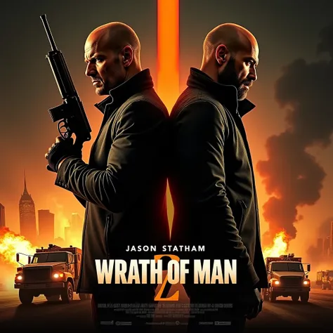 Concept Poster for Wrath of Man 2 (2024)
Layout:
Foreground:
Jason Statham (H) and Scott Eastwood stand back to back, each holding a weapon. Stathams face is hard with determination, while Eastwoods expression fluctuates between remorse and menace, symboli...