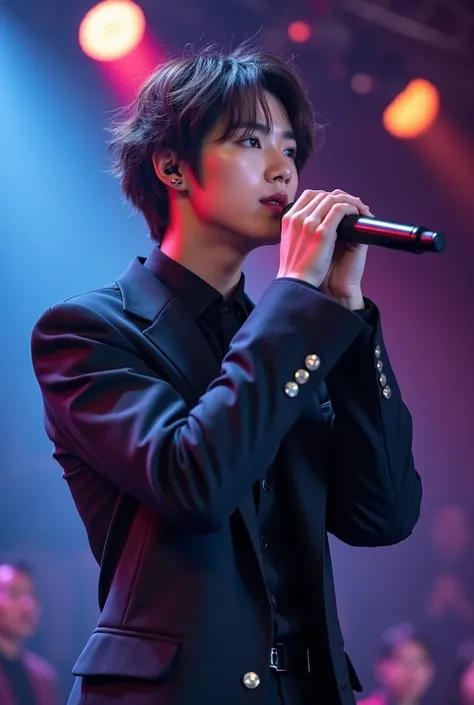 A manhwa-style scene of a korean idol man with brown eyes stylish clothes with kpop makeup in concert stage performing with micand spotlight with a Korean woman with black eyes watching her at the crowd 