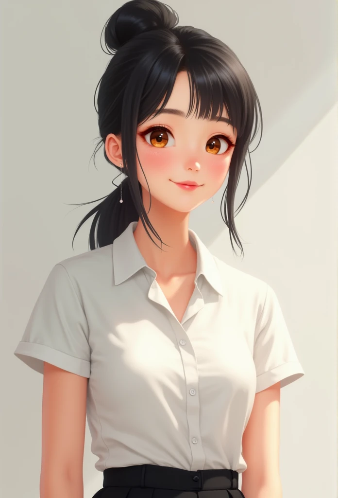 "A realistic digital portrait of a young woman with soft, natural features. She is wearing a short-sleeved, collared white shirt and a black skirt. Her black hair is neatly tied and gathered at the back. She has a gentle smile on her face, with slightly pr...