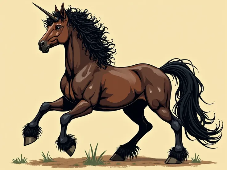 graphic novel artstyle, centaur, african american upper body with curly hair, one long horn on forehead, glossy black fur, long thin tail with tuft at the end. human upper body and equine-like lower body. centaur