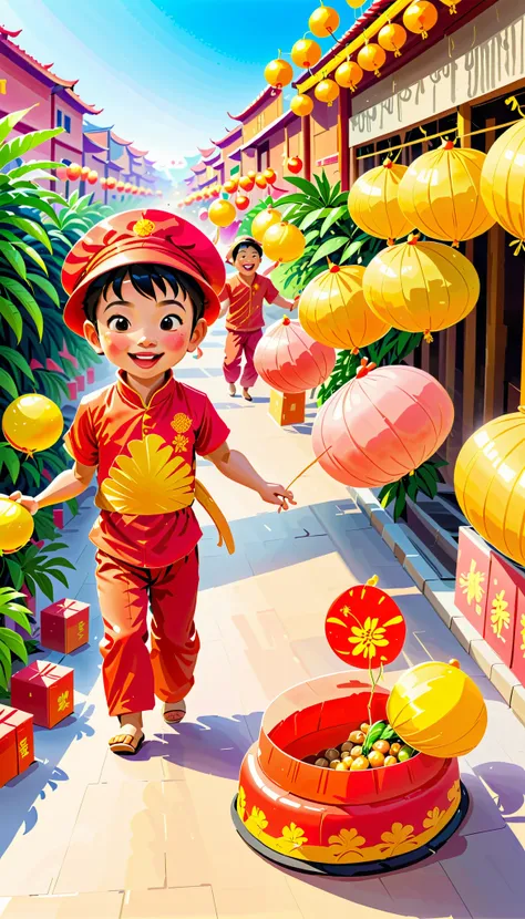 A highly detailed and cheerful scene titled ren’s Exciting Tết Shopping Adventure. The illustration captures a lively and colorful market street during the Tết (Lunar New Year) shopping season in Vietnam. The street is filled with vibrant red and yellow de...