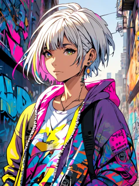 absurdres, highres, ultra detailed, masterpiece, Highest quality, Very detailed, 8k, Realistic, super close up of chest, focus on chest, One Girl, alone, Very detailed face, (head shot:1.5), Standing in front of a wall covered in hip hop graffiti, Cyberpun...