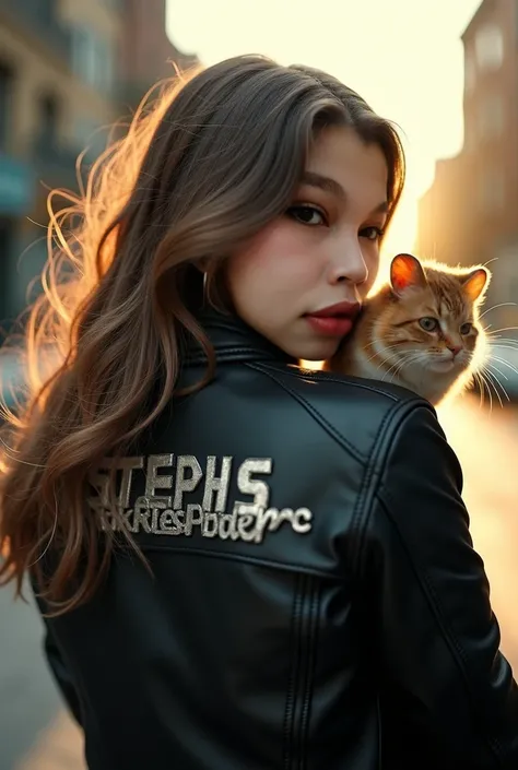 A dramatic, cinematic keyframe featuring a beautiful woman with medium long brown blonde hair, sporting a worn, black leather motorcycle jacket with Stephs Bikeshop emblazoned in bold, silver lettering across the back. A serene, fluffy hamster with bright,...