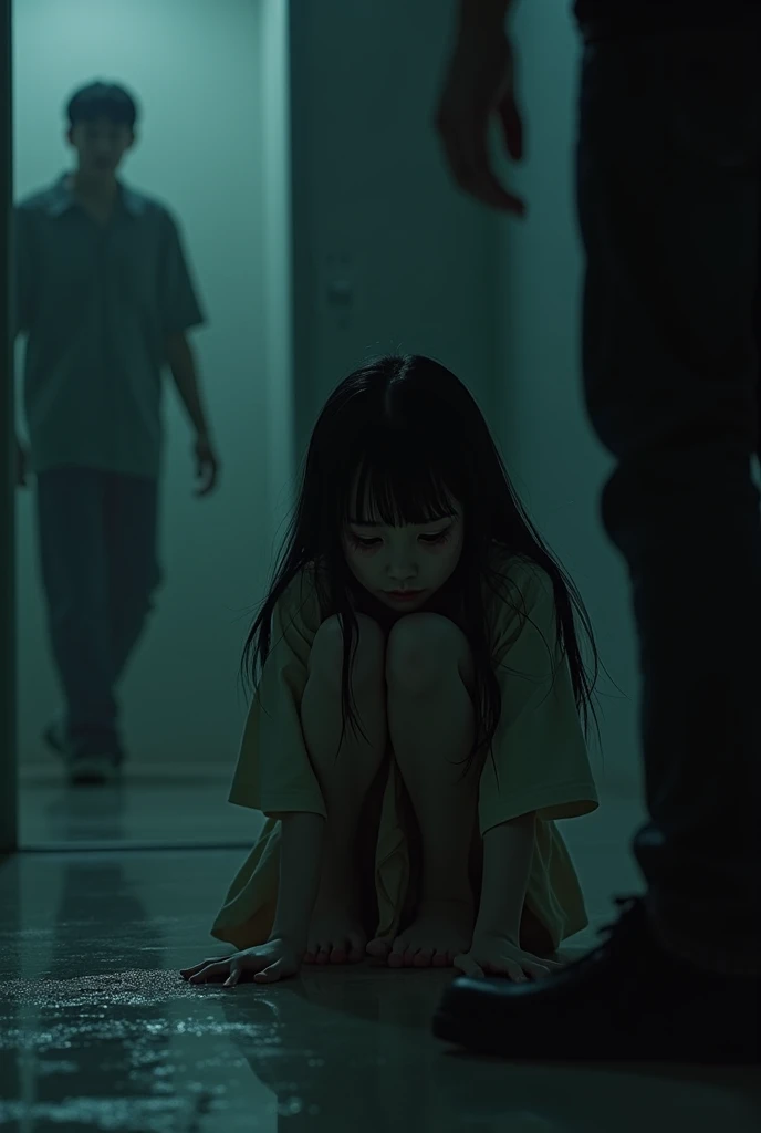 a depressed teen girl sitting on the floor crying, beautiful face, long black hair with bangs, a man approaching to beat her, highly detailed, photorealistic, cinematic lighting, moody colors, dramatic composition, (best quality,4k,8k,highres,masterpiece:1...