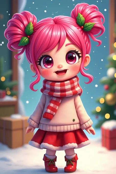 Two buns pink hair girl 
Christmas outfit 
Cartoon
