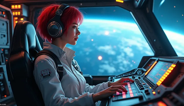 Absurd resolution, high resolution, (masterpiece: 1.4), hyper-detail, 1 young woman, nuked, short red hair, pilot suit, rich princess, sitting in an extremely narrow and closed mecha control room looking out the window, the window is the space universe can...