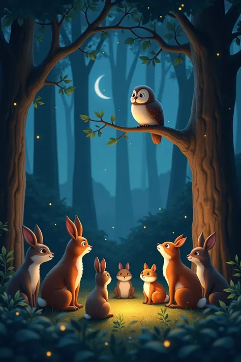 Animals sitting listening to an owl talk at night in a lively forest