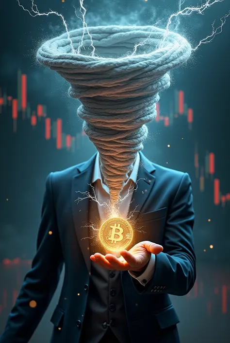 Realistic magician, generat tornado in hand, center of Tornado is XCoin, with electric current, background Stock market, crypto candle 