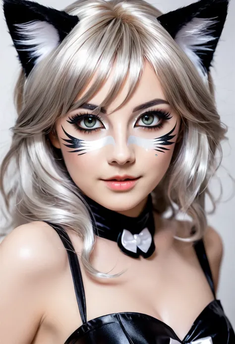 A cute woman is wearing cat makeup and cosplay, Striking eyes, Shiny, Silky Hair,  Adorable and lewd look  ,   behind , Cute,  Delicate and Dynamic Texture ,  light and dark contrast , 2.5D,  Artistic Photos , hyper realistic, Super detailed,  high definit...