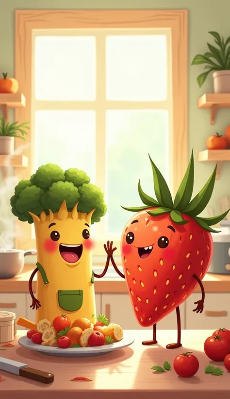 Cute drawings of anthropomorphized food (such as a strawberry with smiling eyes or a broccoli wearing an apron) interacting in a fun kitchen. There could also be items like a steaming pan or a plate full of healthy food.