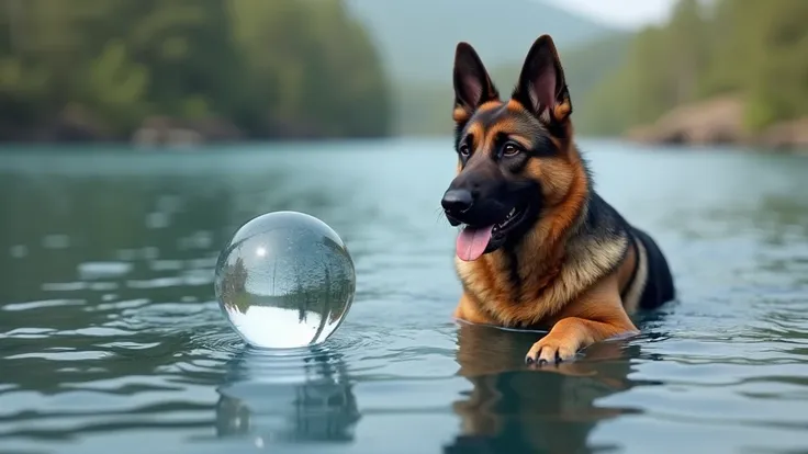 photorealistic image of a german shepherd dog beside water ball, full view, water background