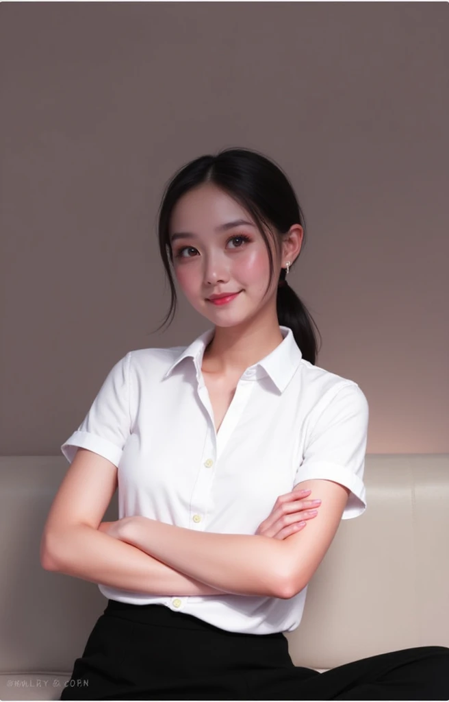 "A realistic digital portrait of a young woman with soft, natural features. She is wearing a short-sleeved, collared white shirt and a black skirt. Her black hair is neatly tied and gathered at the back. She has a gentle smile on her face, with slightly pr...