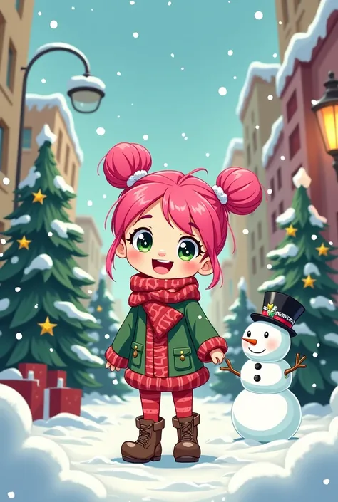 Two buns pink hair girl 
Christmas outfit 
Cartoon
In the streets
Christmas trees 
Snow man 
Santa
