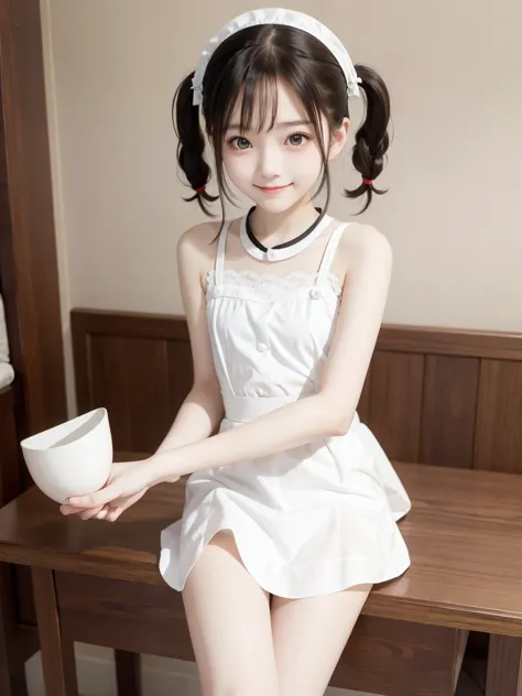 maid, cute girl, white skin, twin tails,thin arms,thin legs,masterpiece,smile,shooting from below,thin legs