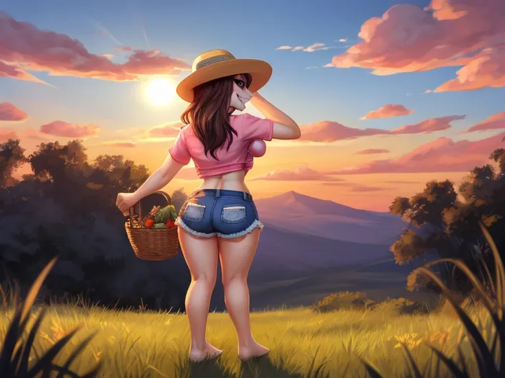 a bunny in a hat and a shirt, breasts, smile, animal ears, medium breasts, standing, purple eyes, tail, full body, ass, short sleeves, thighs, outdoors, sky, shorts, barefoot, teeth, midriff, looking back, cloud, signature, rabbit ears, grin, crop top, leg...