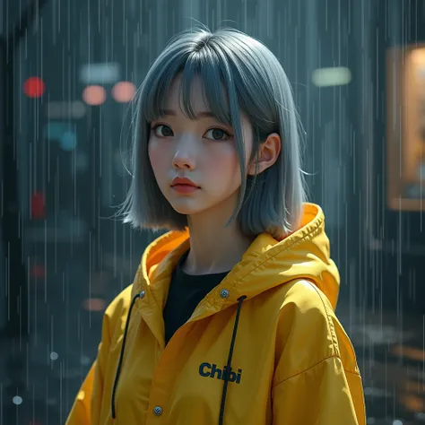 Generate an photo realistic of  a  beautiful korean women age 25 facing right with  gray straight hair ,wearing a black shirt and yellow raincoat  .  name chibi written on his attire . night rainy background .with 1:1 aspect ratio.