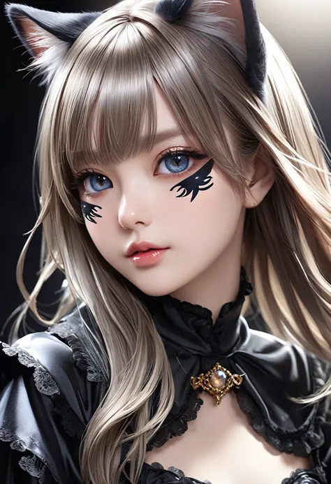 A cute woman is wearing cat makeup and cosplay, Striking eyes, Shiny, Silky Hair,  Adorable and lewd look  ,   behind , Cute,  Delicate and Dynamic Texture ,  light and dark contrast , 2.5D,  Artistic Photos , hyper realistic, Super detailed,  high definit...