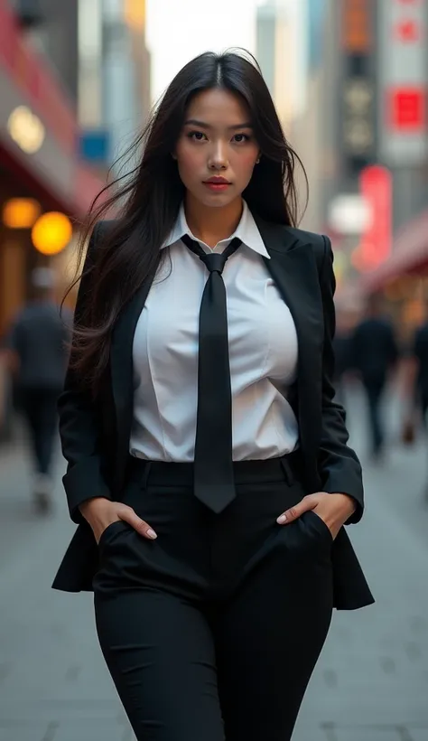 an asian woman, big body, big boobs fascinate,  long hair unraveled ,  wearing a white shirt , black tie and black blazer , black pants,  black shoes , stand,  hyper realistic city sidewalk background, hyper detailed, High resolution