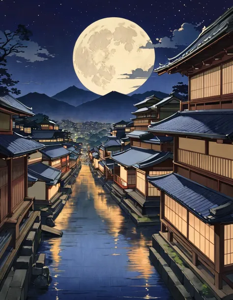 The cityscape of Kyoto in the Meiji era on a moonlit night