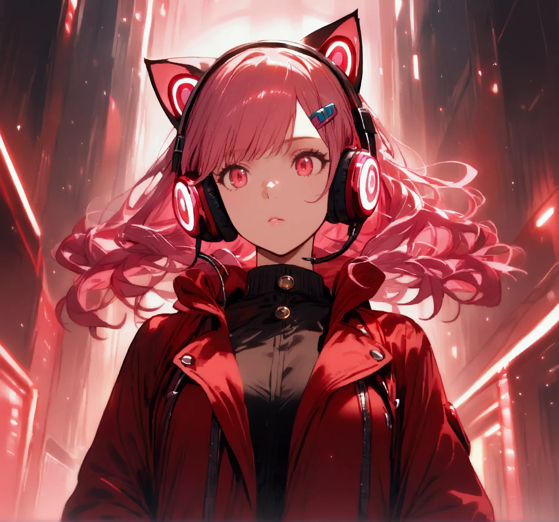 woman with pink and red jacket and cat ears with headphones and hair clips