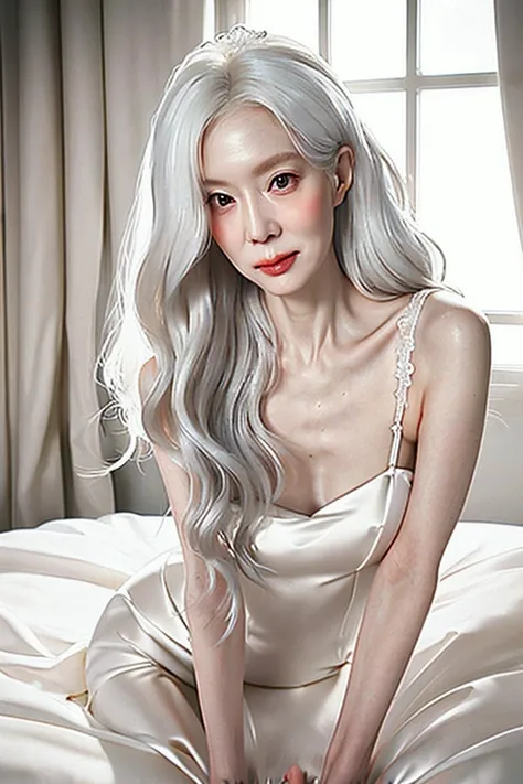 a beautiful woman in her 50s with long white hair and a slender figure lying on a bed in a wedding dress, shyly looking at the viewer and spreading her legs, detailed face, detailed eyes, detailed lips, detailed skin, detailed wedding dress, bedroom interi...