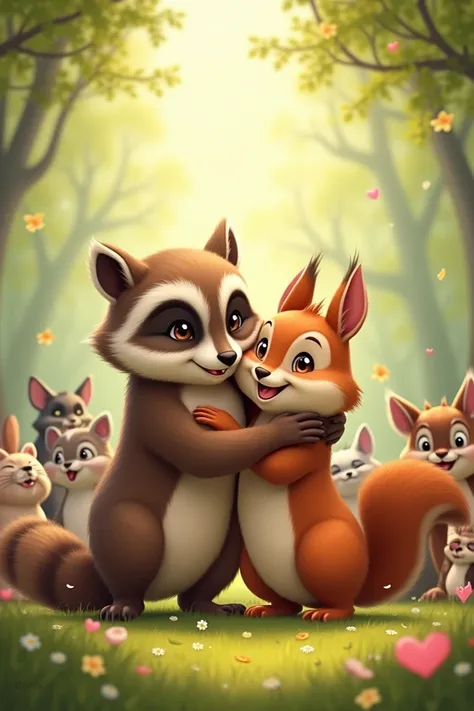 A hug between an owl, a raccoon and a squirrel and many animals, watching them smiling cheerfully
