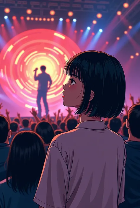 a manhwa style scene of a Korean woman with short black hair with bangs black eyes standing at the crowd while watching a Korean man idol on stage 