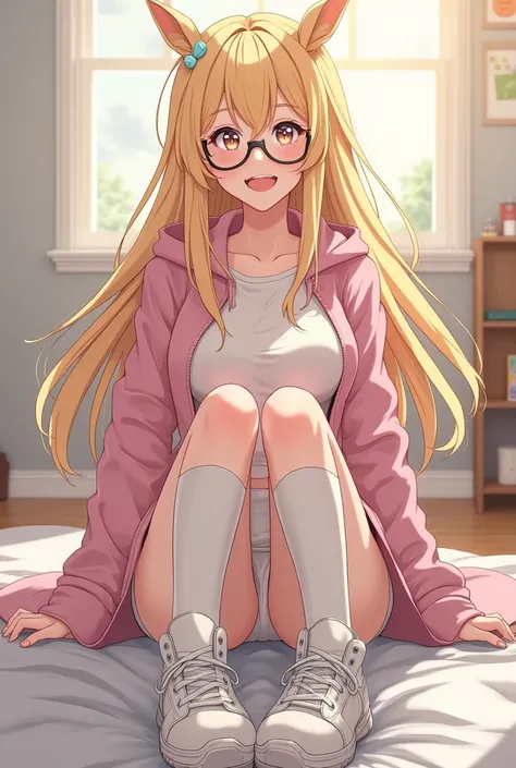  Anime girls,  covered in cum, who has sex with blonde hair and glasses. . Full body image.  legs spread, Sneakers and high socks   