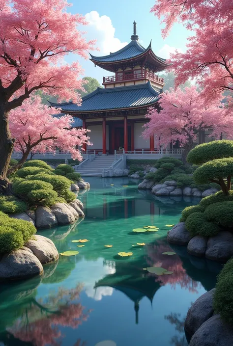  absurd,  high definition , Super detailed, beautiful, masterpiece,  best quality,Ancient temples, Lush garden,  bright color , Quiet Pond, Traditional architecture , cherry blossoms