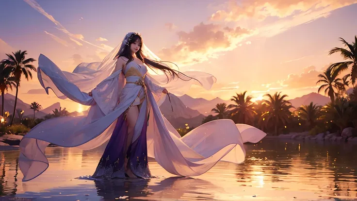 Official Art, Unified 8K Wallpaper, very detailed, masterpiece, High Quality, Ultra Wide Angle, evening in a vast desert oasis, woman standing in a small crystal-clear pond surrounded by palm trees and blooming flowers, The water reflects a vibrant sunset ...